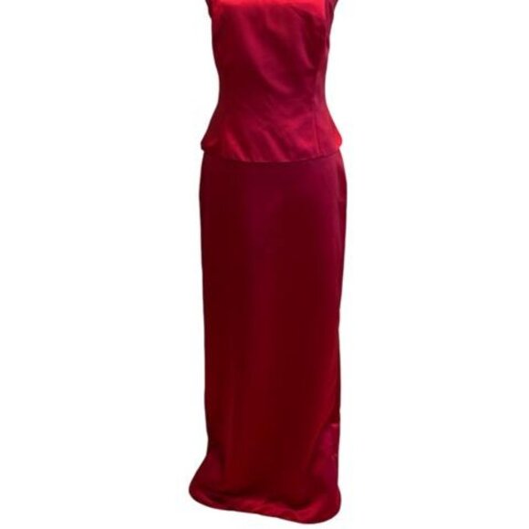 Red Satin Crepe Sheer Top Peplum Gown - Picture 2 of 3